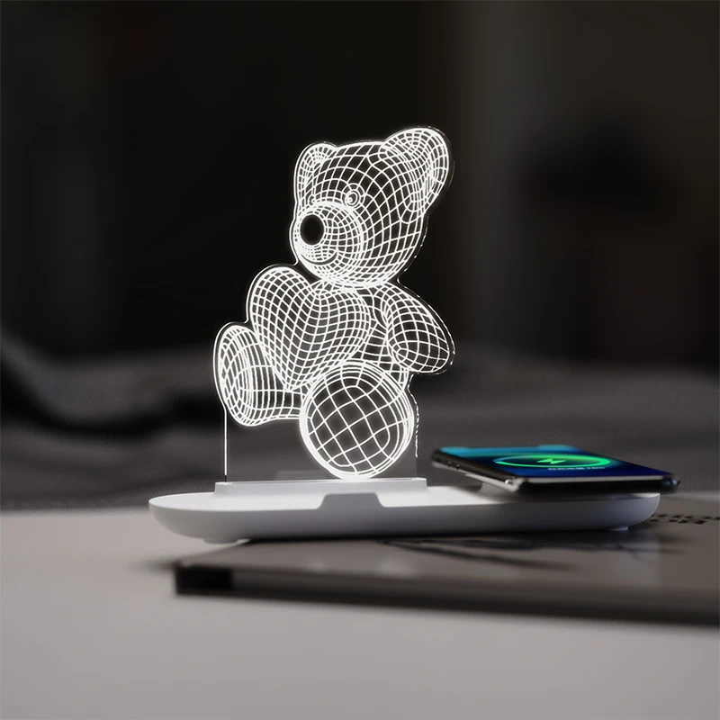 
Custom Creative 3D Illusion de noche lampara Acrylic Table Desk Base wireless charger with led lamp and phone holder 