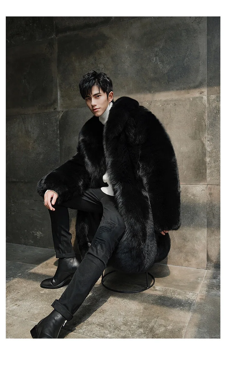 Custom Style Men Winter Coat Long Black Fur Coat Real Fox Fur Coat Men