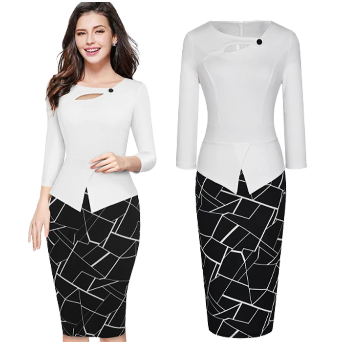 
Womens Scoop Neck 3/4 long Sleeve Floral solid Bodycon Church Elegant Chic Formal Business Work Office Midi Sheath Pencil Dress 