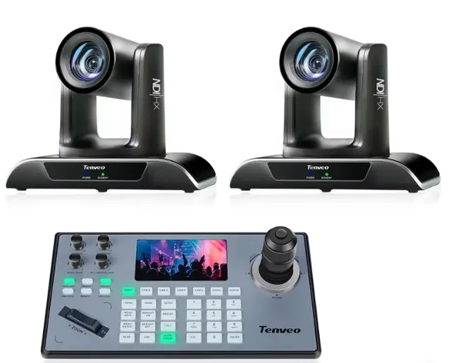 Tenveo NDI video conference system VHD620A(2pcs) 20x optical zoom and omnidiredictional Rotation 4D PTZ camera controller