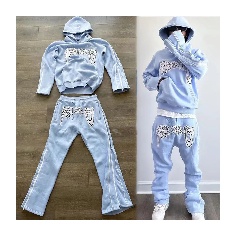 Custom Sweat Pants Sweatsuit Chenille Embroidery Jogger Tracksuit Fleece Cotton Stacked Flare Sweatpants And Hoodie Set For Men