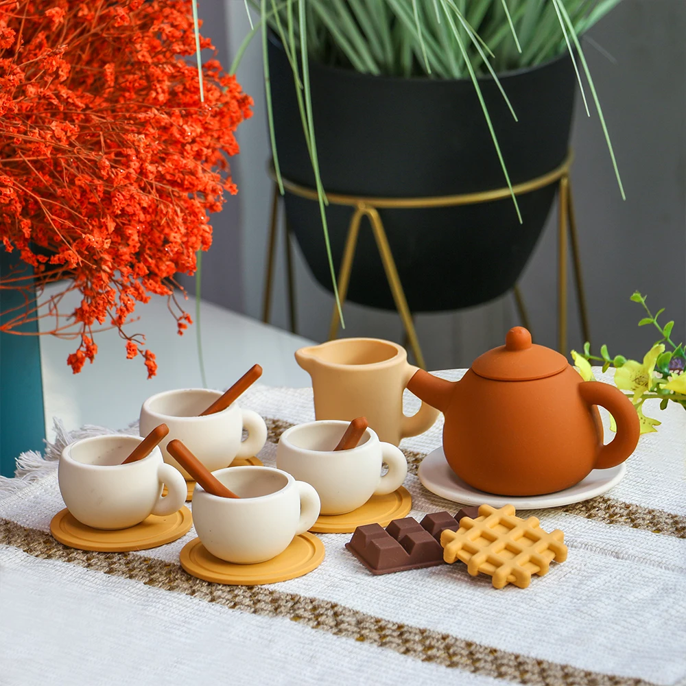 Silicone Whole Set Drinking Cup Spoon Fork Silicone Pot Afternoon Tea Playing Toys Kids Gift Silicone Tea Family Playing Toys