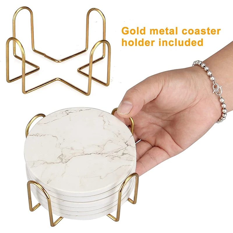 Promotional Customized Set of 6 with Holder Round Absorbent Ceramic Bar Coaster with Cow Pattern Printed and Cork Base