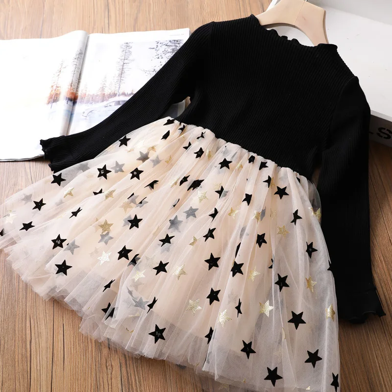 Girls Long Sleeve Dresses Children Five-pointed Star Mesh Princess Dresses For Girls