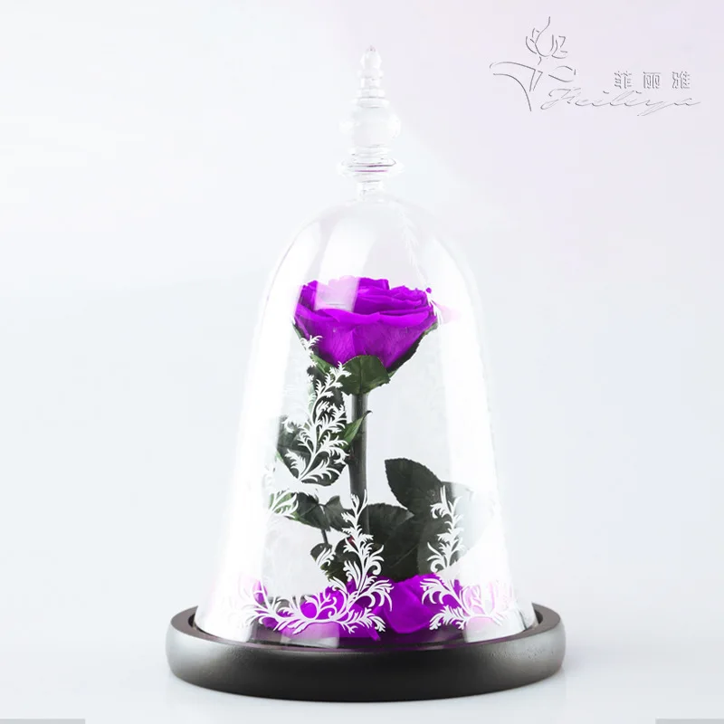 Rose Beautiful Artificial Red Eternal Rose Preserved Flower With Led Lights in Glass Dome for Festival or Birthday