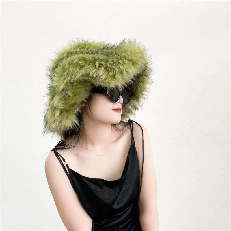 Winter Faux Fur Bucket Hat For Women Cow Print Fur Bucket Hat Fisherman Hat Fluffy Plush Bucket Caps