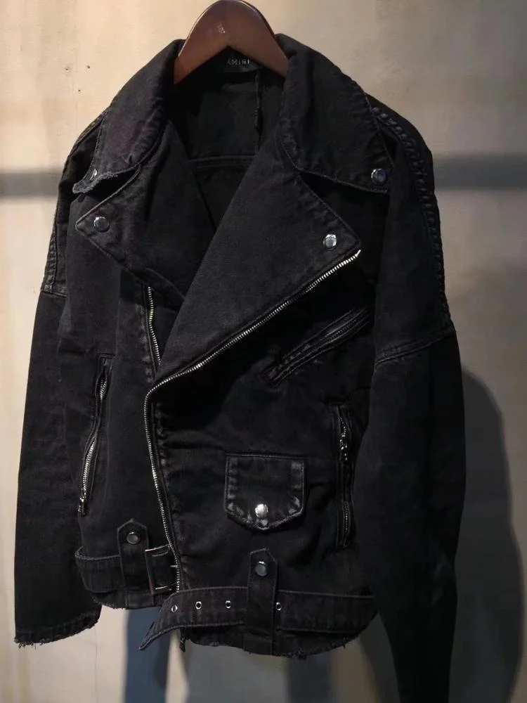 OEM private label men custom stock dropshipping  black biker distressed mens denim jacket