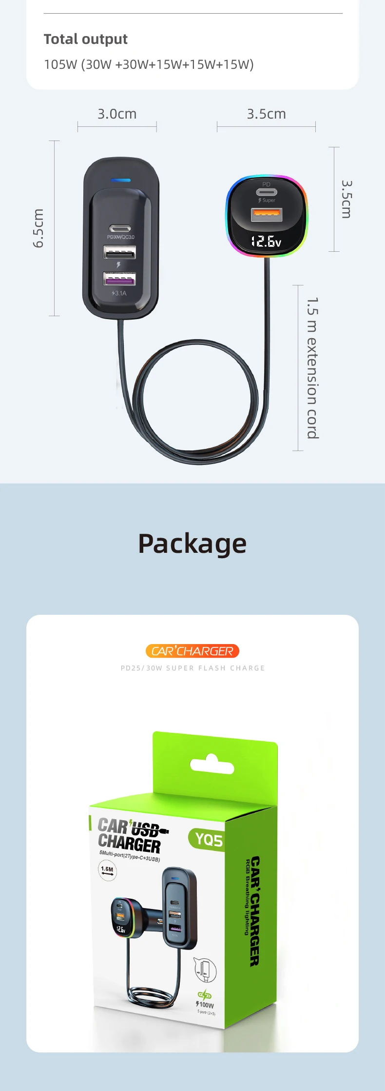 5-Ports USB Quick Car Charger 3.0 Back row Type-C laptop Mobile Phone Charger for iPhone Samsung Huawei PD Car Fast Charging