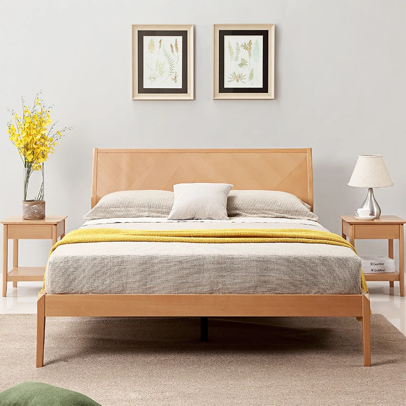 Modern simple design bedroom furniture king/queen size bed with solid wood slats frame and legs