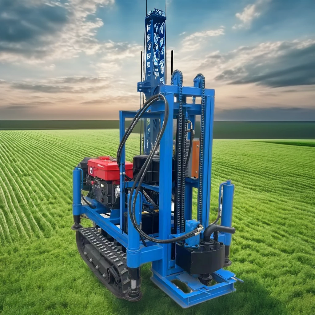 The 50 m drill pipe is made of carbon steel with high quality diesel tracked water well drilling rig for agricultural irrigation
