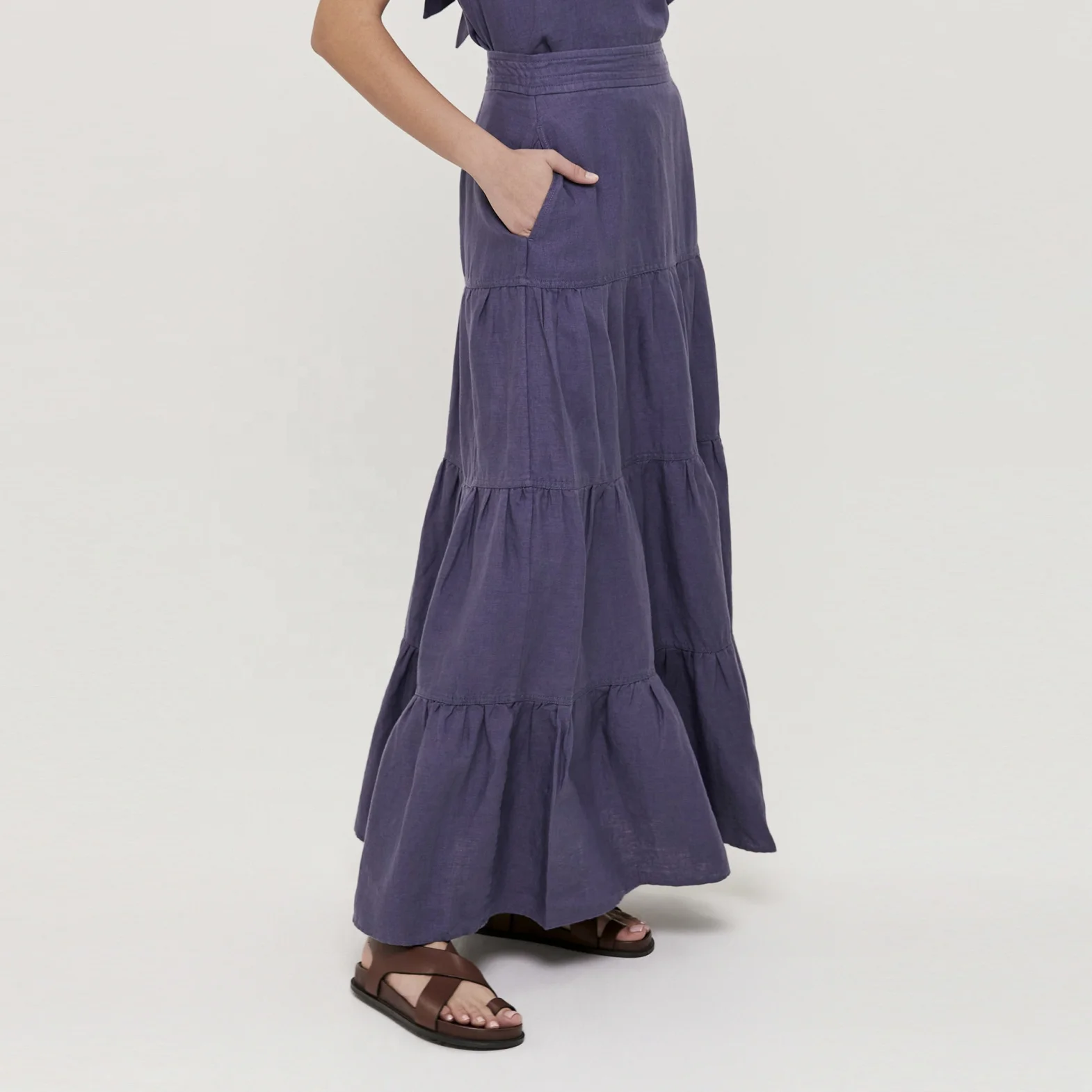 Custom High Waist Linen Ruffle Skirts A-Line Red Maxi Long Skirt For Women