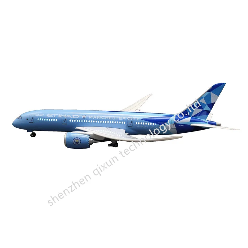 Unique Kids Toy LED Flashing Scale 1:130 43cm Boeing 787 ETIHAD Blue Aircraft Resin Model Aircraft with Wheels