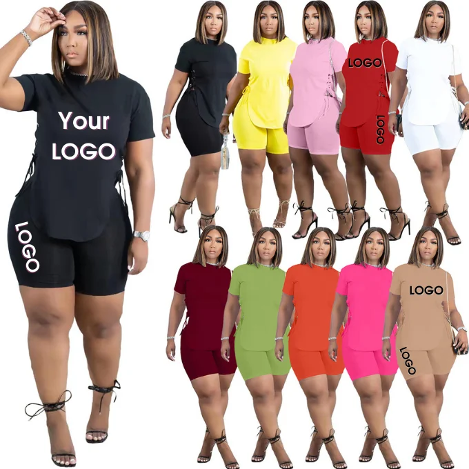 High Quality Women S-4X Crew Neck Side Split Lace Up T Shirt Top Long Slim Skinny Shorts Set Casual Lounge Set