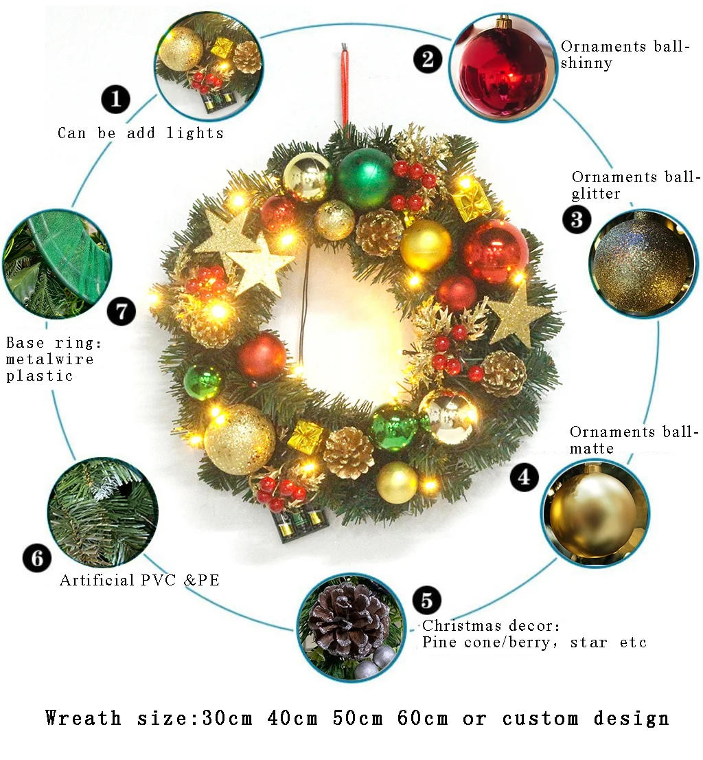 Custom 16 inch Gold pinecone Glitter Branch Christmas Wreath With Lights gold Balls Decorative 40cm Wreath
