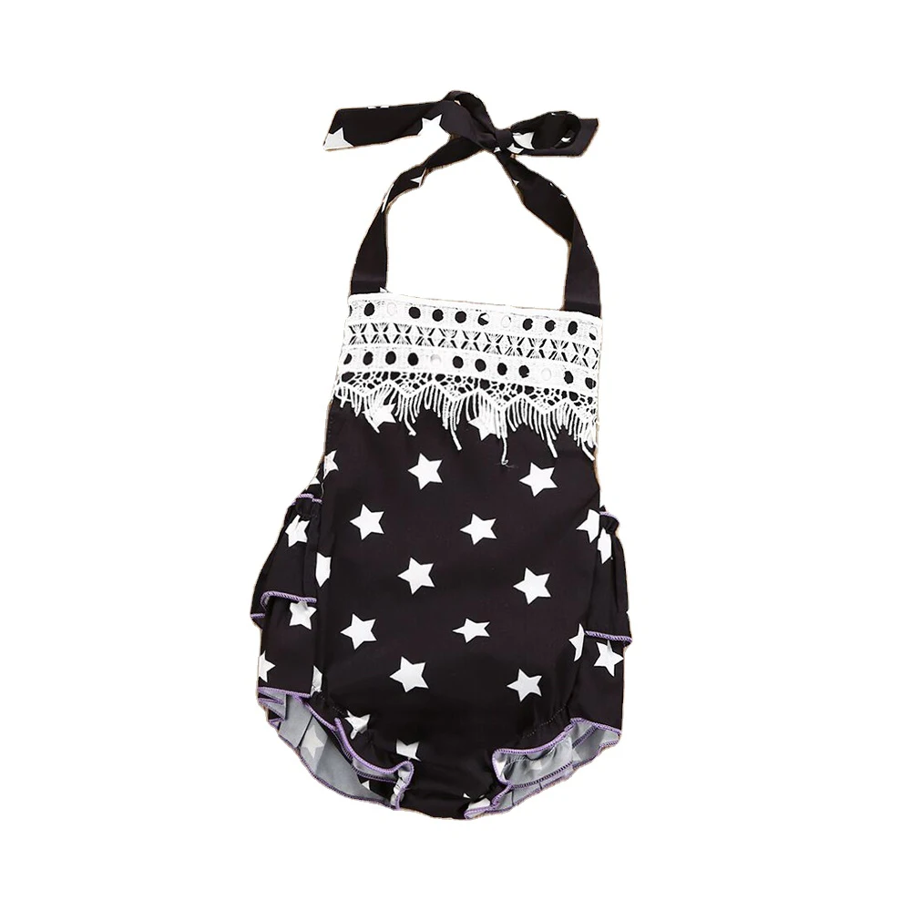 What&Why Toddler Summer Sleeveless Sling Romper Baby Girl Stylish Black Jumpsuit Kid Star Pattern fringed Bodysuit Latest Onesie