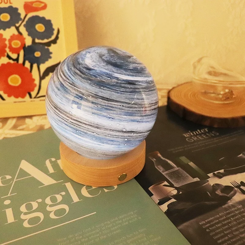 Creativity Gift Light Glass Wandering Earth USB Table Lamp 3D Touch Night Light With Wooden Led Base