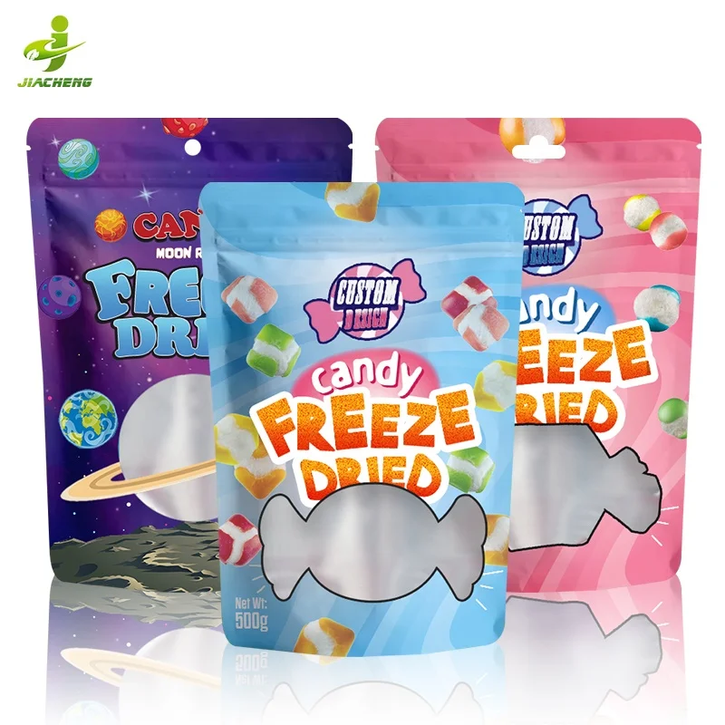 Custom printed aluminum foil freeze dried skittles candy doypack stand up pouch food packaging mylar bags with clear window