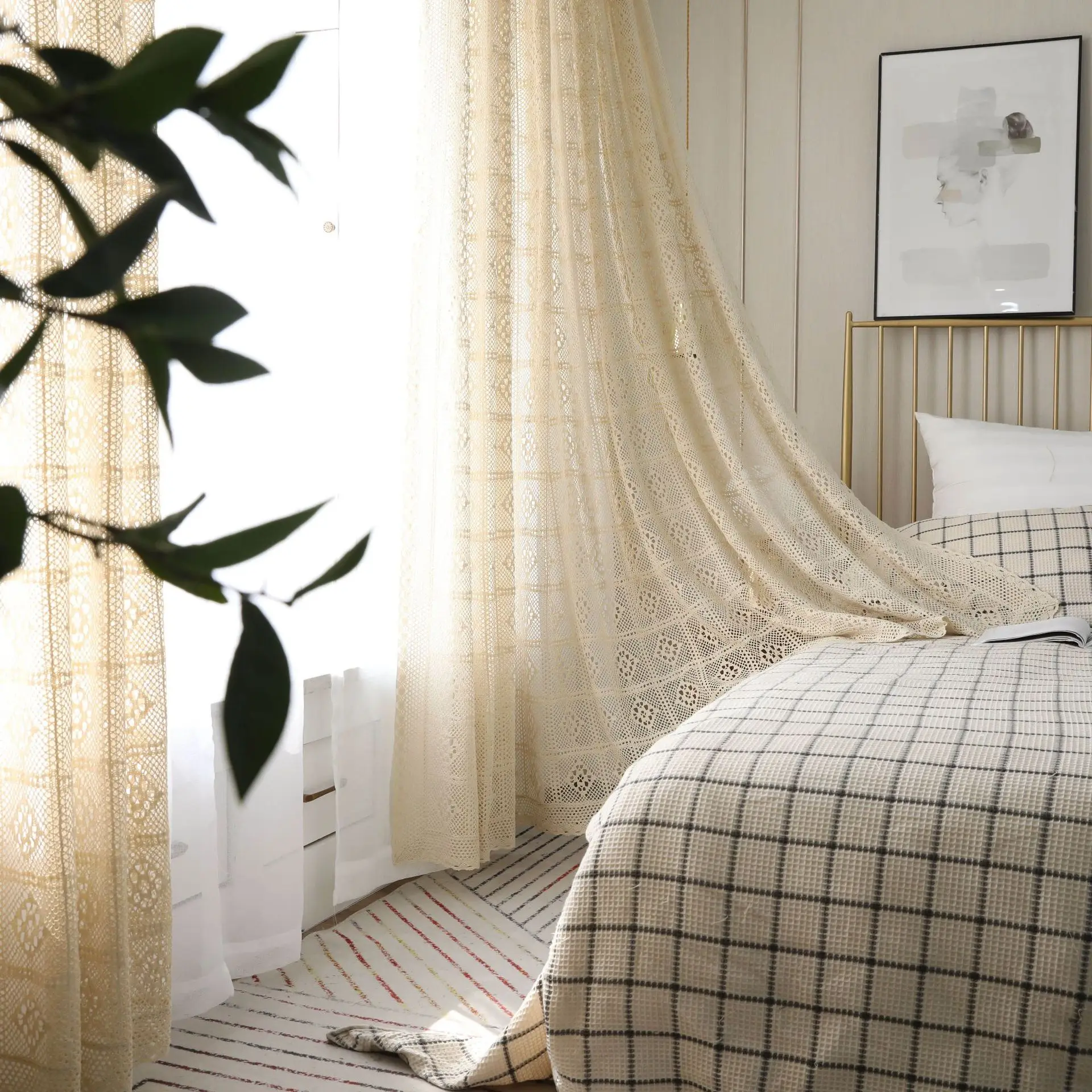 Wholesale Polyester Cotton Fabric American Pastoral Style Handmade Crochet Curtains Living Room Bohemian Style Printed Curtain