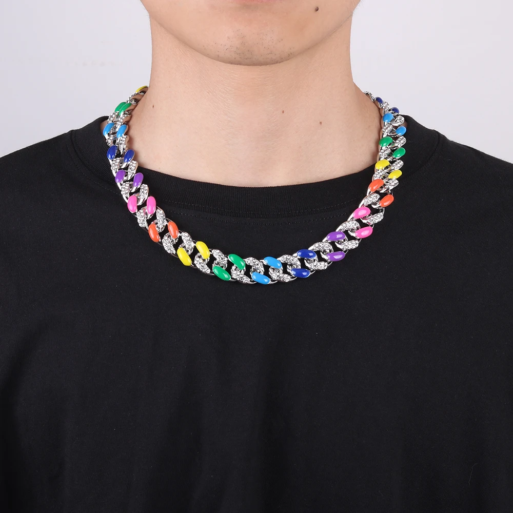 Hip-hop Enamel Rhinestone Colorful Chain Link For Men Miami Punk Pig Nose Cuban Necklace Luxury Crystal Bracelet Jewelry Gift