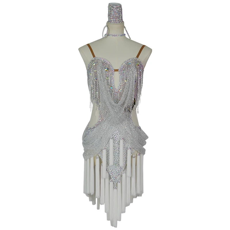 Vennystyle Adult Latin Dance Performance Wear Tassel Dress with Competition Flower Costume Women Aged 14+ Diamond Dance Costume