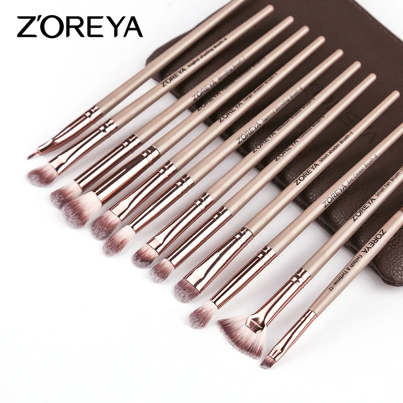 12pcs Eye Makeup Brushes Set Kit Blending Brush Synthetic Hair Makeup Beginner Accept Private Logo Plastic Handle with PU Black