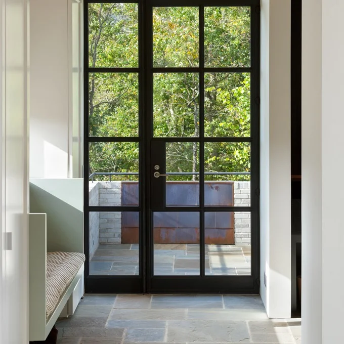 Wholesale matte black commercial double glaze interior french iron steel door with grid