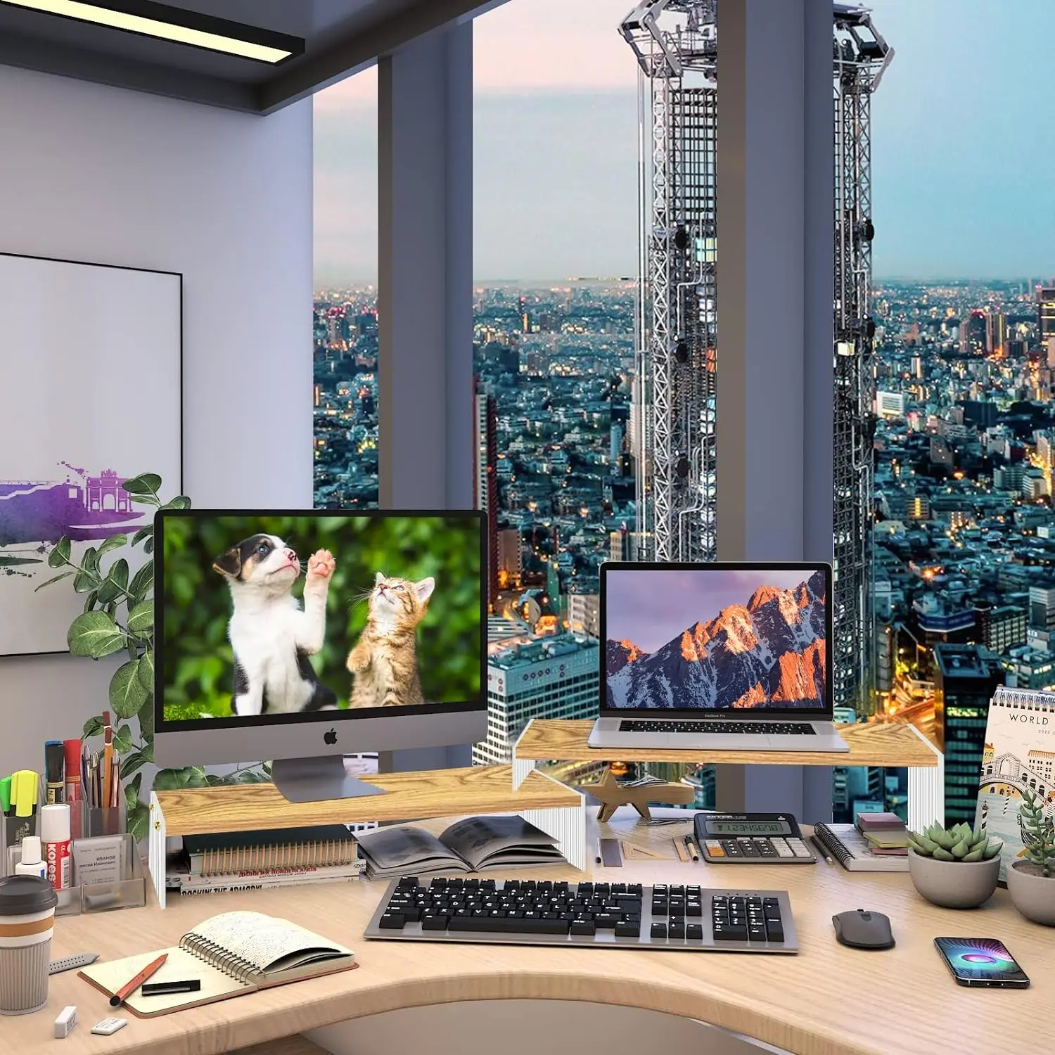 Wood stands for laptop computers, 2 Tier Dual computer display stand with Acrylic Legs Office Desk Shelf Organizer