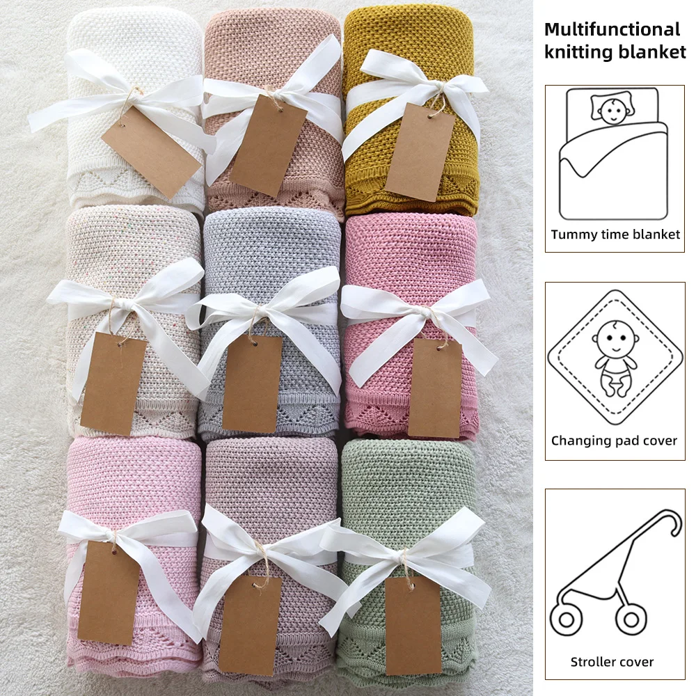 Reversible Crocheted Kids Knit Blanket Popular Breathable Vintage Swaddle Solid Color Holding Cotton Knitted Baby Blanket