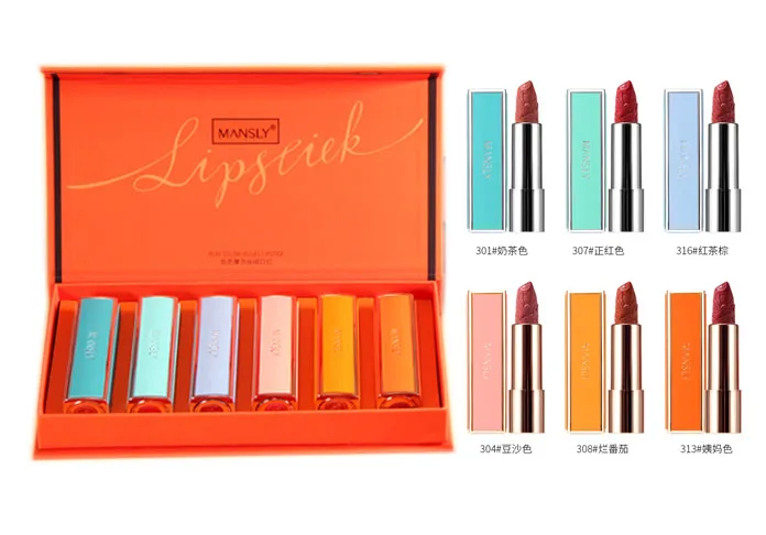 Mansly Light Matte Beauty Makeup Gift Box Charm of 6 Colors Velvet Lipstick Matte Gift Set