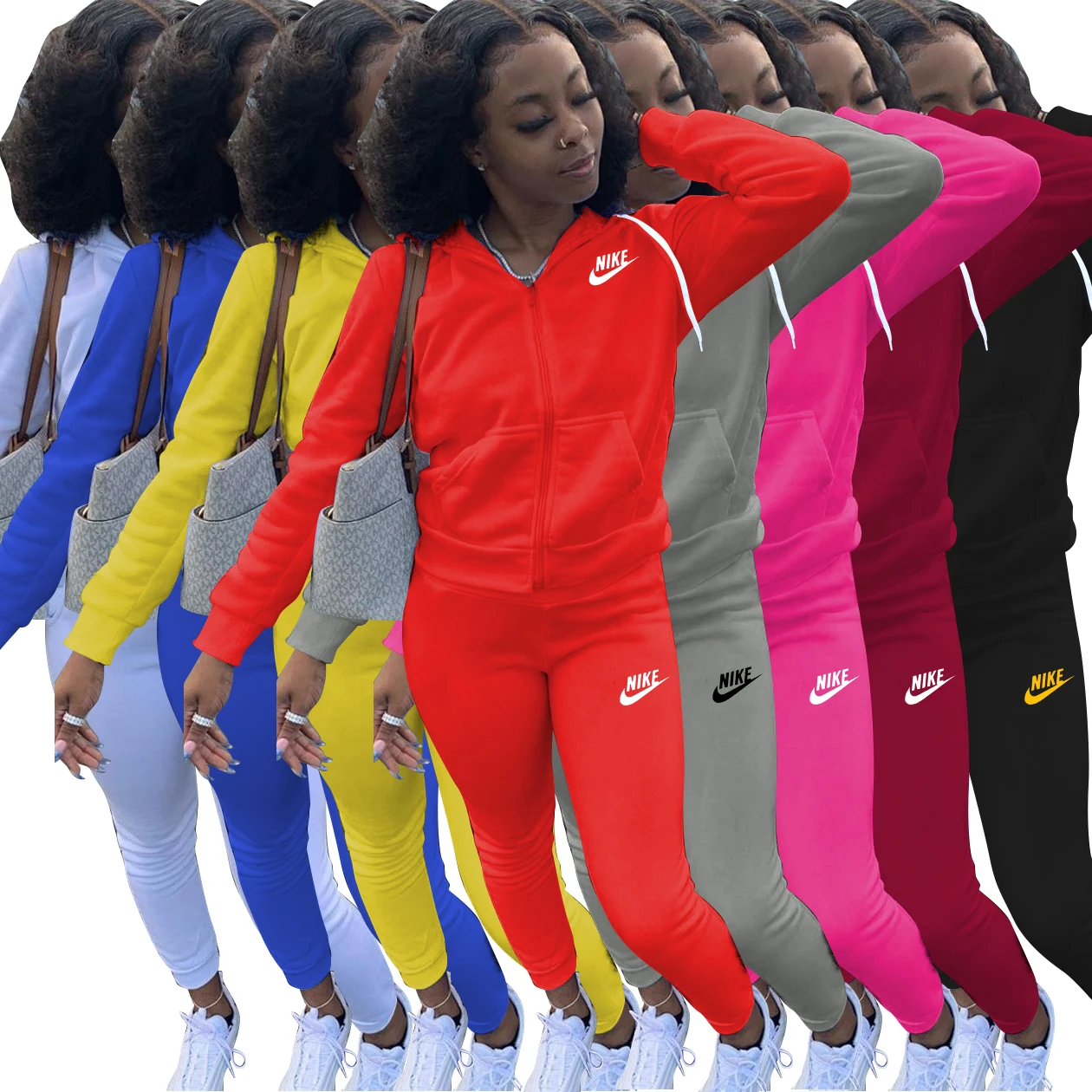 Новинка осени 2021, высококачественная повседневная одежда в полоску с вышивкой для Nike, женский тренировочный комплект из 2 предметов, толстовка с капюшоном на молнии, тренировочный комплект