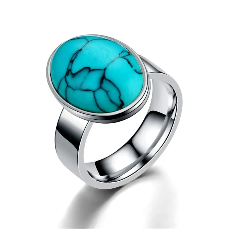 Retro Big Turquoise Stone Rings Titanium Steel Coral Floating Promise Rings Jewelry for Men Women