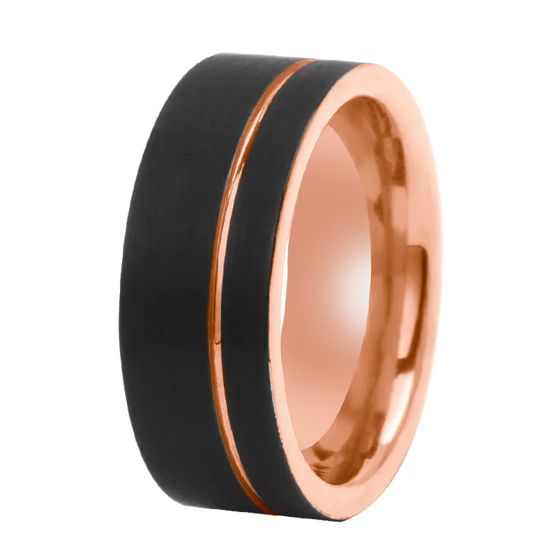 Tizti Jewelry Matte Finish Black with Rose Gold Plated Two-Tone Offset Groove Tungsten Rings Fashionable Men Wedding Bands
