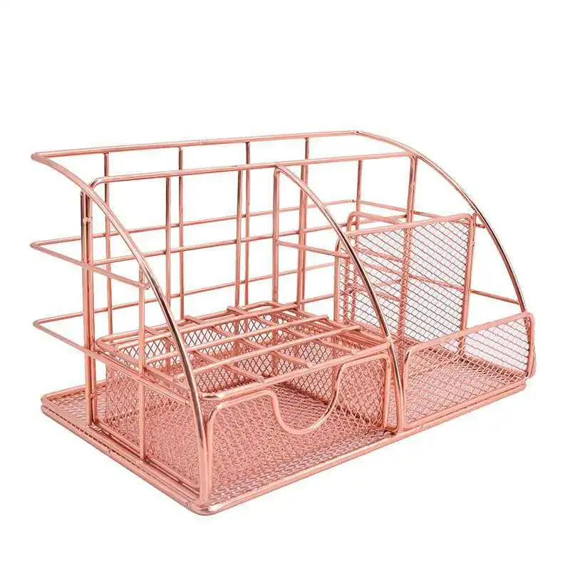 Wholesale factory price Metal Office supplies Rose Gold Mesh Desk Organizer Drawer Pen Pencil Holder