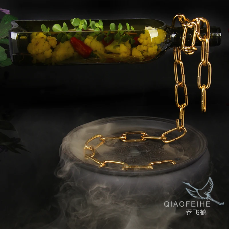 Characteristic wine bottle shaped dry ice tableware