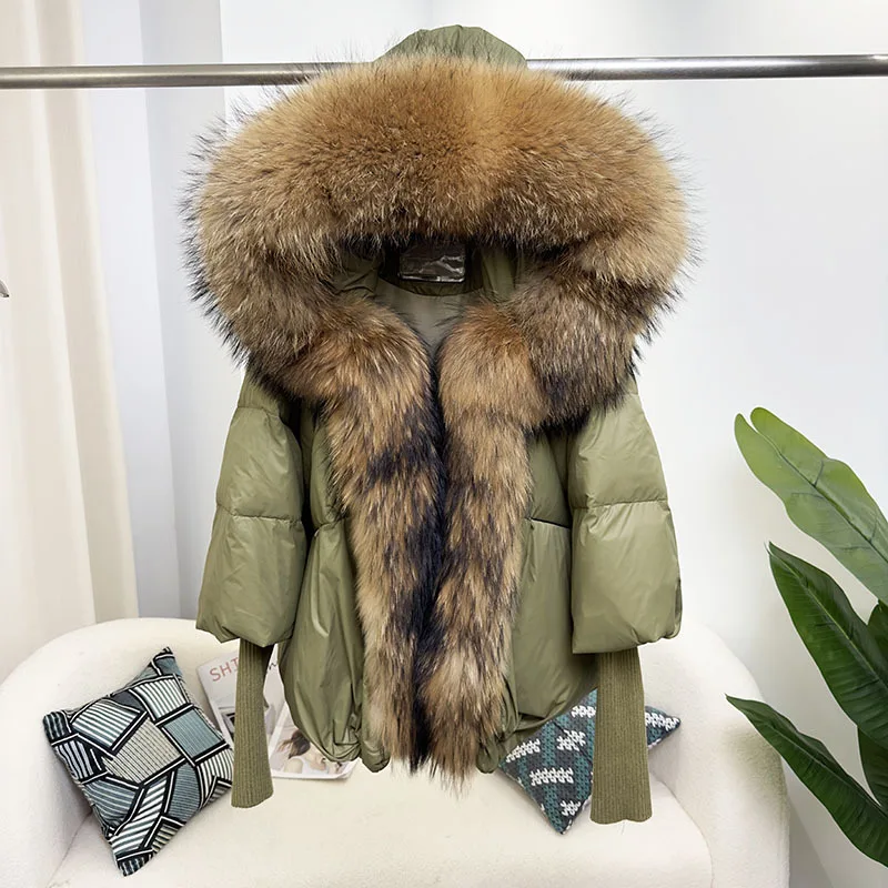 New Fashion Real Raccoon Fur Puffer Down Jacket Lady Winter Bubble Jacket Plus Size Women Goose Down Coat