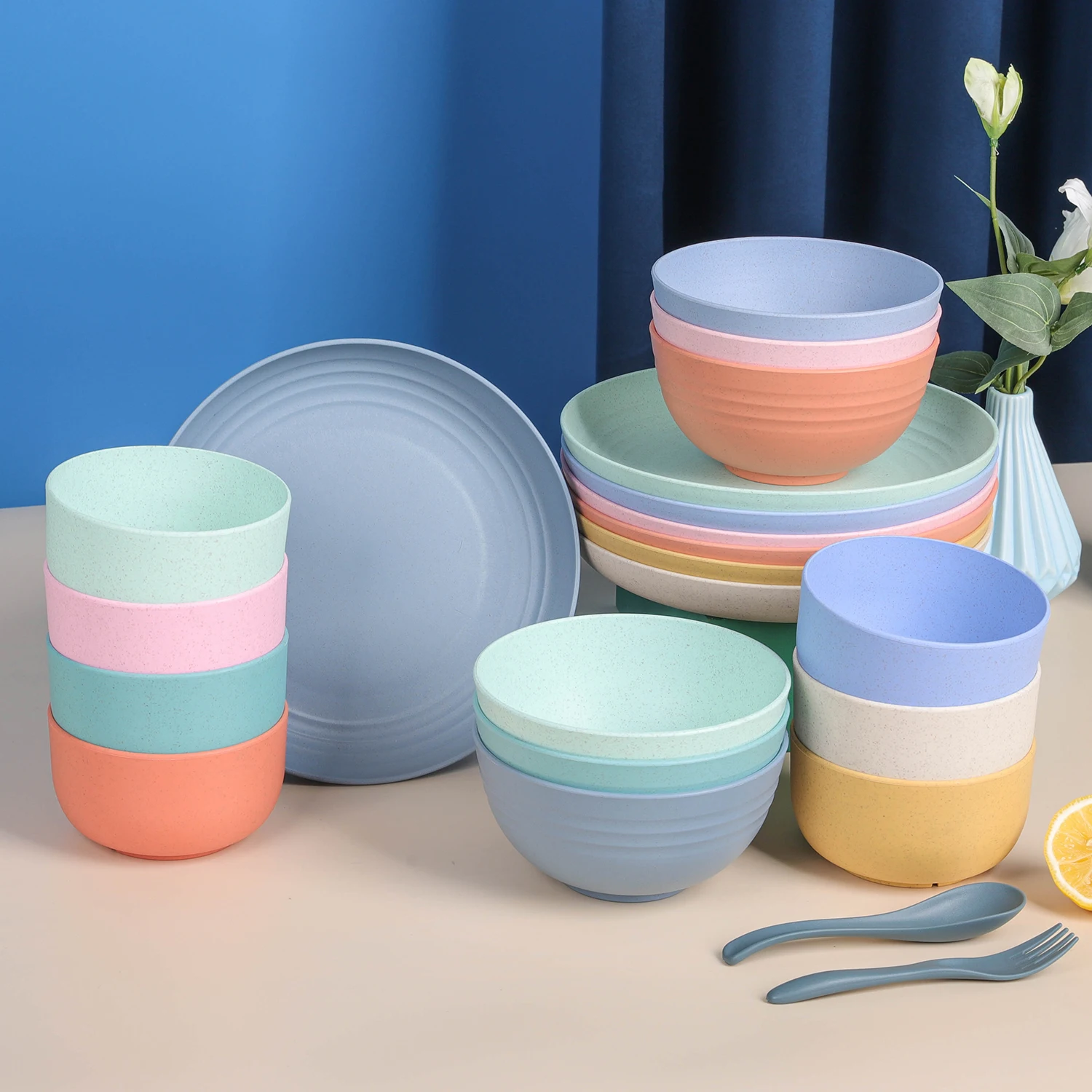 China Supplier Customized Home Party Lightweight Eco Friendly Plastic Wheat Straw Dinner Set Dinnerware Tableware Set For Kid