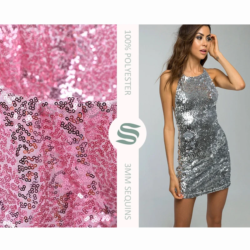 Customized 100% polyester mesh sequin embroidered fabric flashing silver and black in stock for dresses