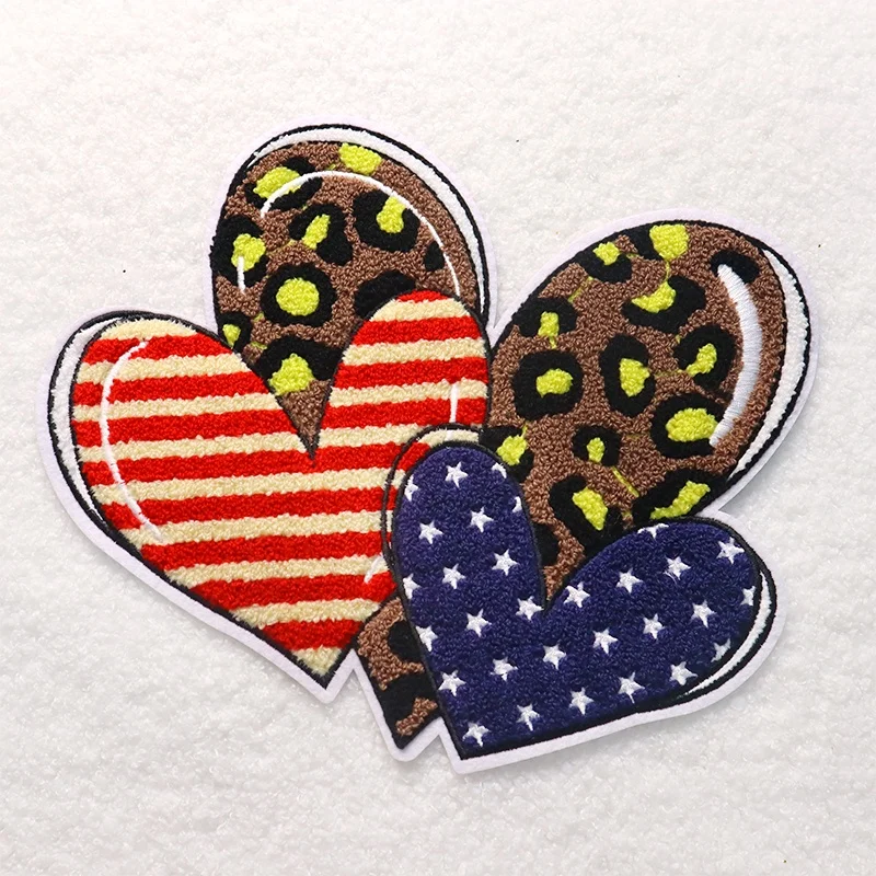 Wholesale Embroidery Three Hearts With Star Stripe Leopard Logo Patch Iron On July 4th Independent Day Us Love Chenille Patches
