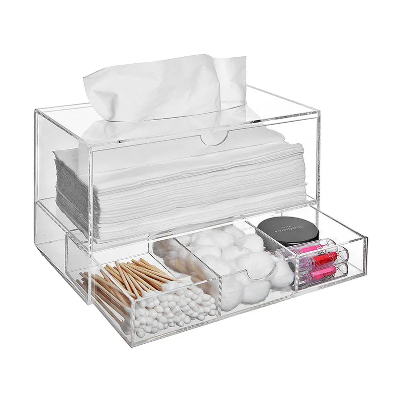 Modern Clear Acrylic Cosmetic Organizer with Pull Out Makeup Storage Drawer with Tissue Box Dispenser