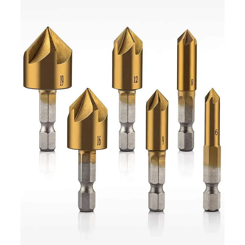 5 Flute Countersink Drill Bit Set 6Pcs 1/4' Hex Shank 90 Degree Center Punch Tool for Wood Quick Change Bit 6mm-19mm