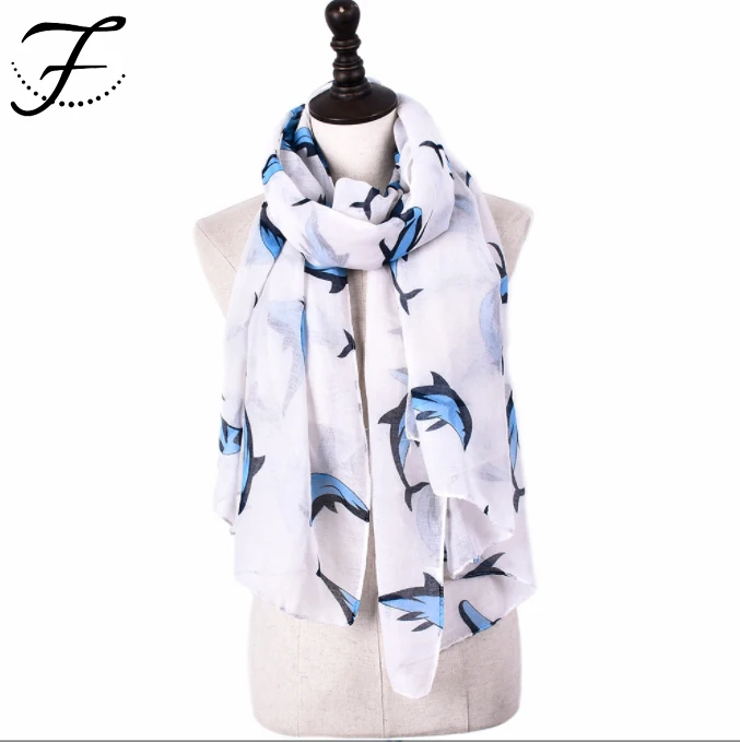 FIONA Custom 2022 New Fashion Dolphin Silk Scarf Ladies Print Voile Silk Scarf Custom Spring And Autumn Silk Scarves