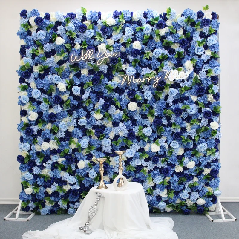 Royal Blue 3D Artificial Peony Hydrangea Cloth Flower Wall Rolling Up White Rose Fabric Floral Wall Party Wedding Backdrop Decor
