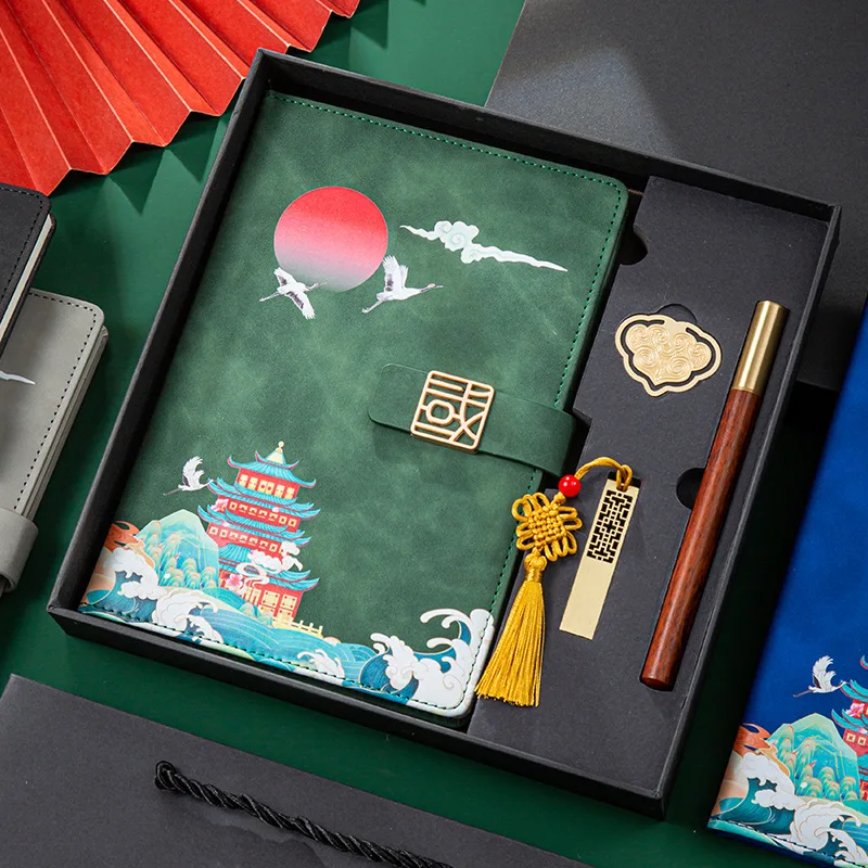 Hot Selling Chinese Creative Corporate A5 Leather Notebook Pen Metal Bookmark USB Custom Logo Business Luxury Notebook Gift Set