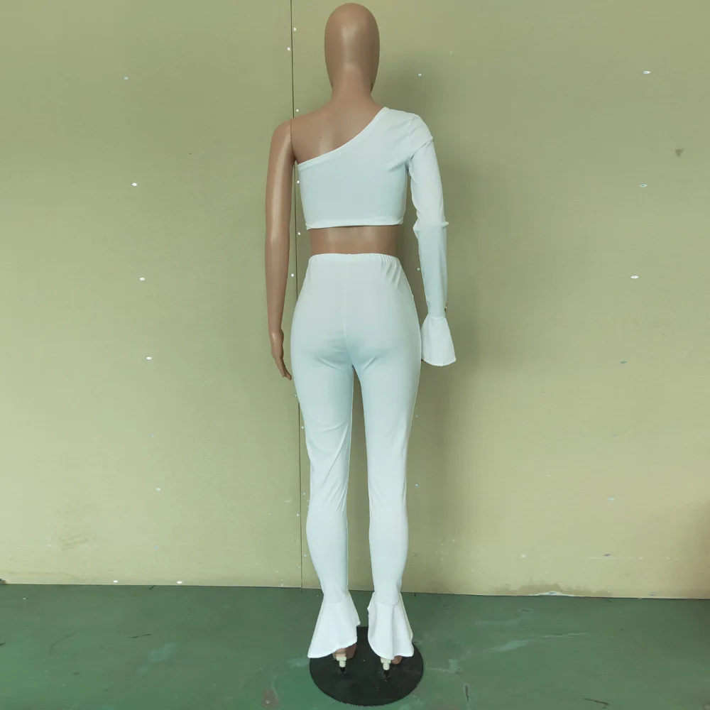 
0819M274 best selling asymmetrical sleeve fashion sexy woman autumn two piece flare pants set 