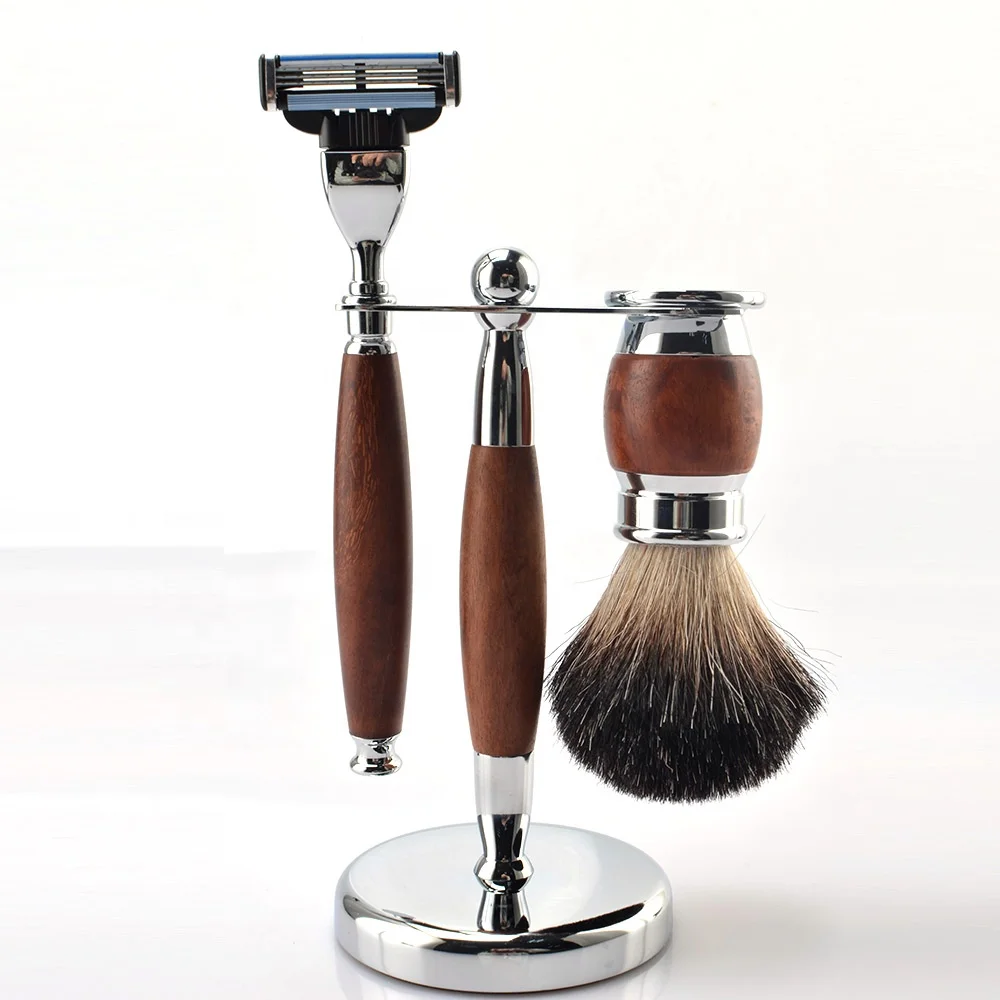 Kinghood Mens metal three blades wood handle gift shaving kit private label shaving safety razor and wood  brush set to gift