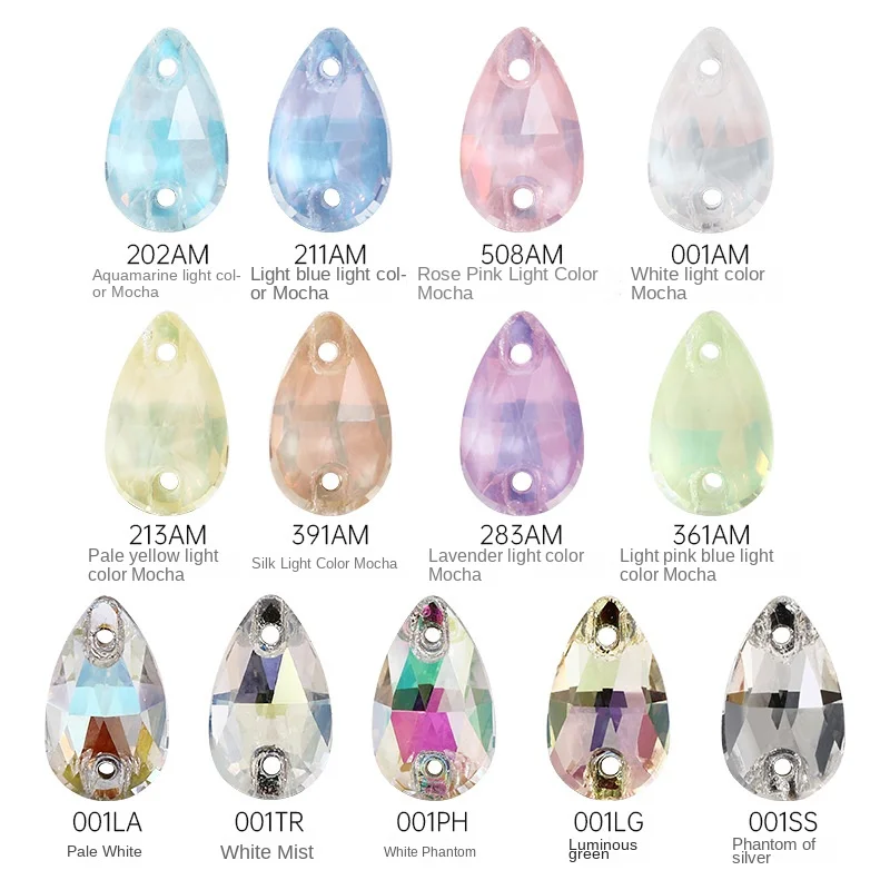 K9 Glass Light Color Mocha Water Drop Flat Drill Hand Sewing Wedding Dress Accessories with Double Hole Perforated Buckle