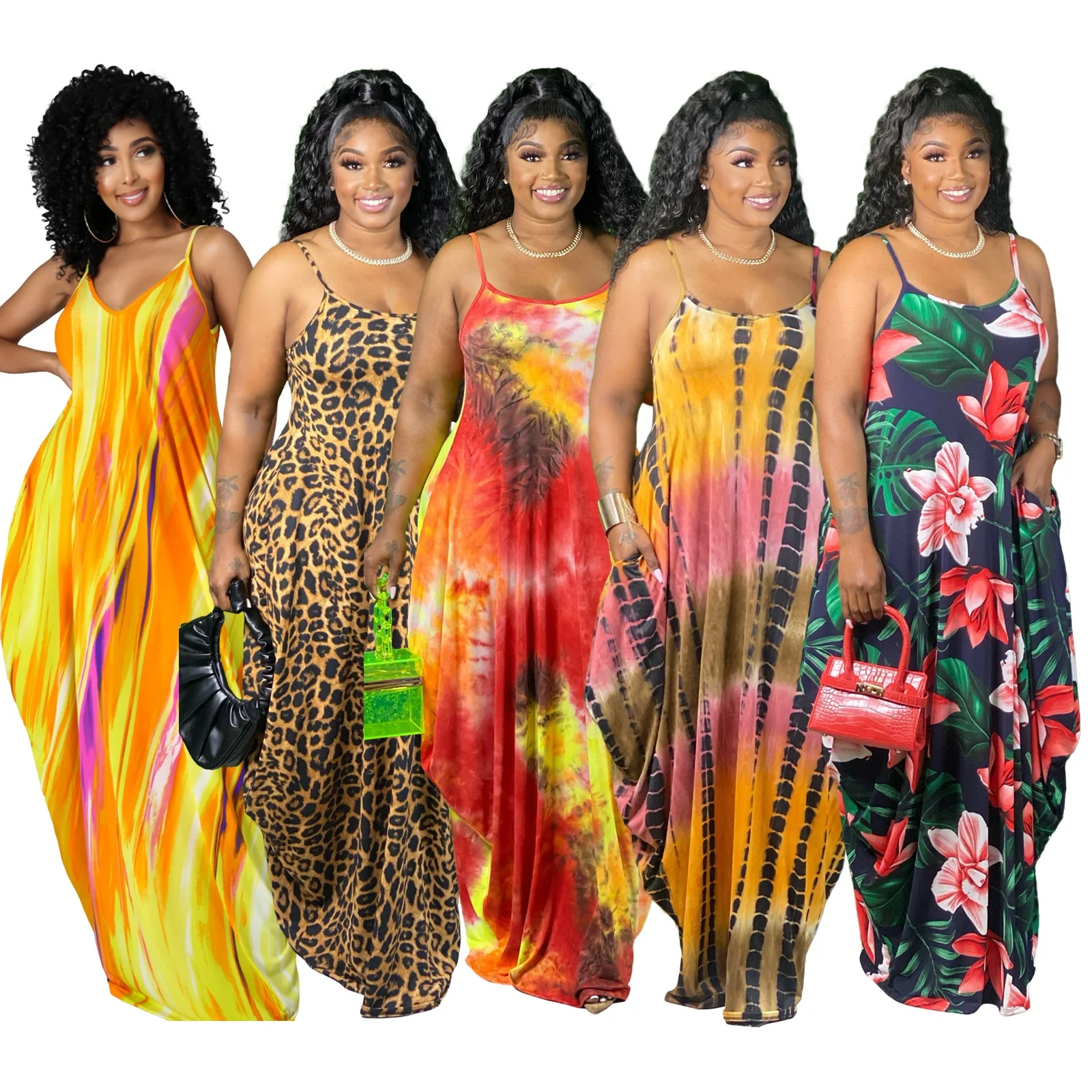 
KX-9305 New season 2021 summer speghetti strap tie dye maxi dress clothing women print casual dresses 