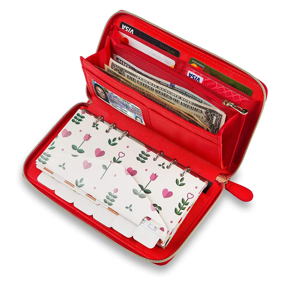 Women Cash Envelope long Zipper Saffiano Leather Multi-function Clutch Budget Wallet with A6 Binder