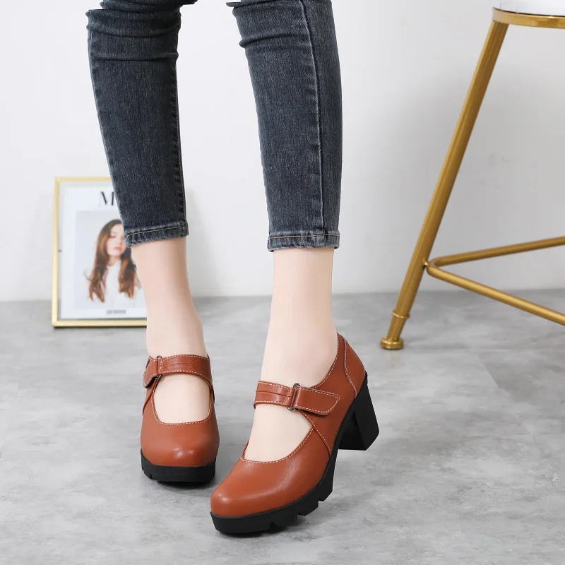 2024 New Styles Mary Janes  Women  Chunky Sole Shoes Fashion Ladies Round Toe High Heels Shoes women lace up office lady pump