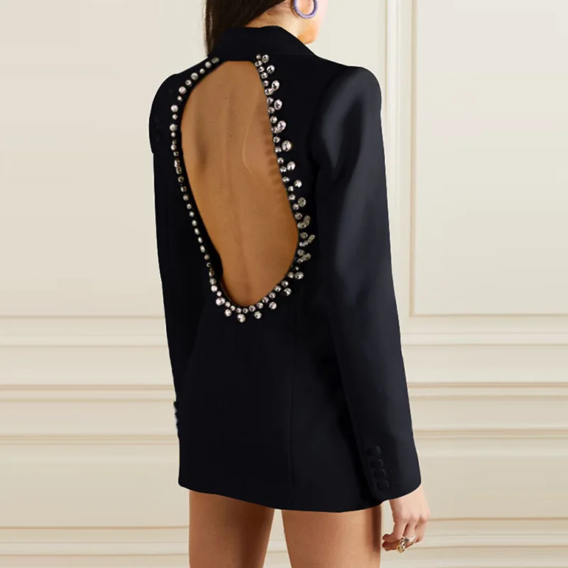 BA2256 Women Sexy Backless Long Sleeve Luxury High Quality Jacket Crystal Rhinestone Mini Blazer Dress